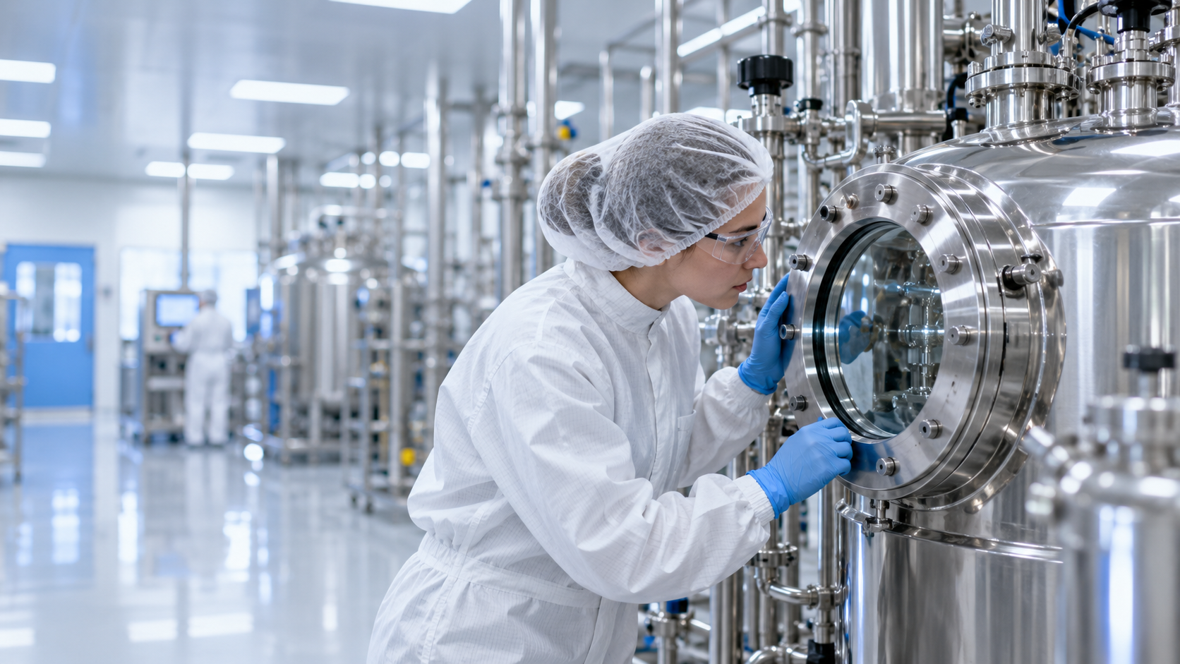 Cleanroom technician inspecting a pharmaceutical reactor