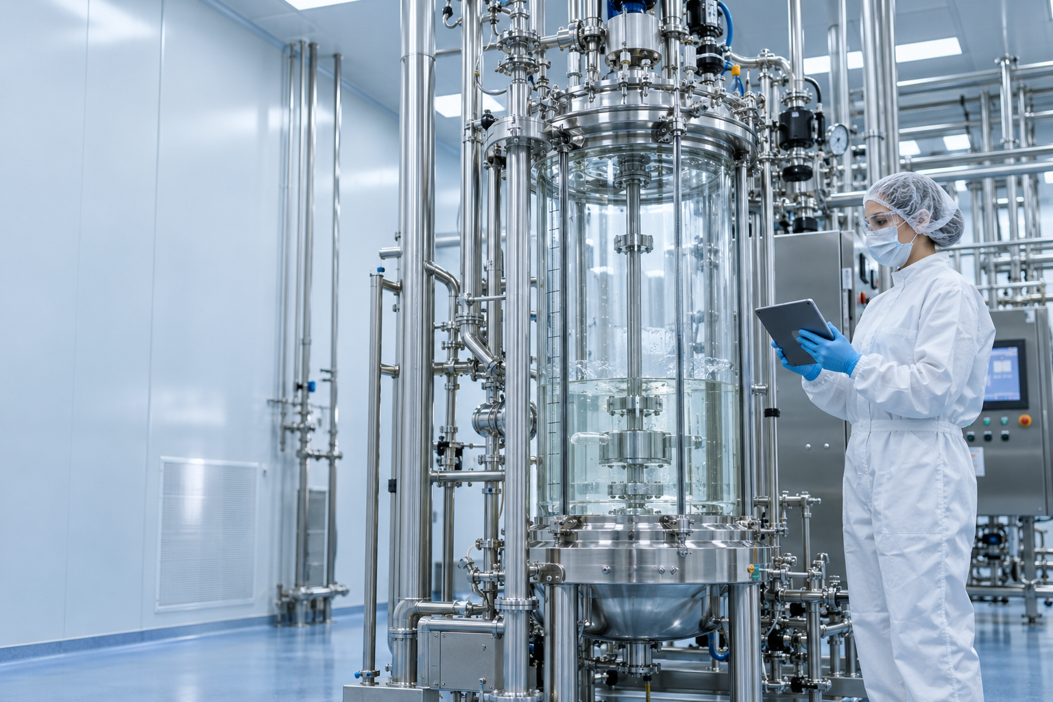 Quality engineer with a tablet beside a glass-lined reactor